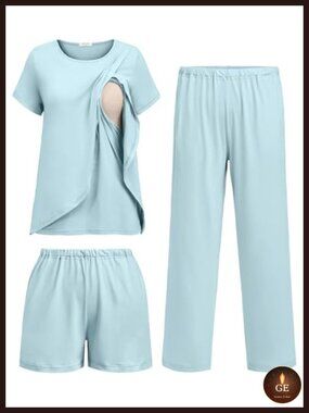 3 Piece Maternity Nursing Pajama Set Short Sleeve Top Shorts & Pants